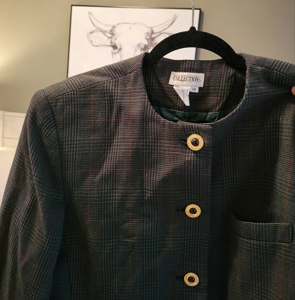 Vintage Plaid Blazer Size 14 Gold Button Blazer Classic Preppy Wool Blend Office